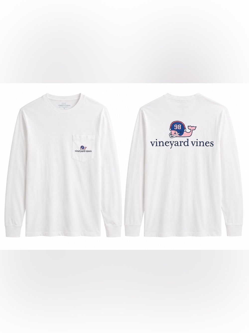 Vineyard Vines White Long Sleeve Tee with Navy & Pink Whale Graphic